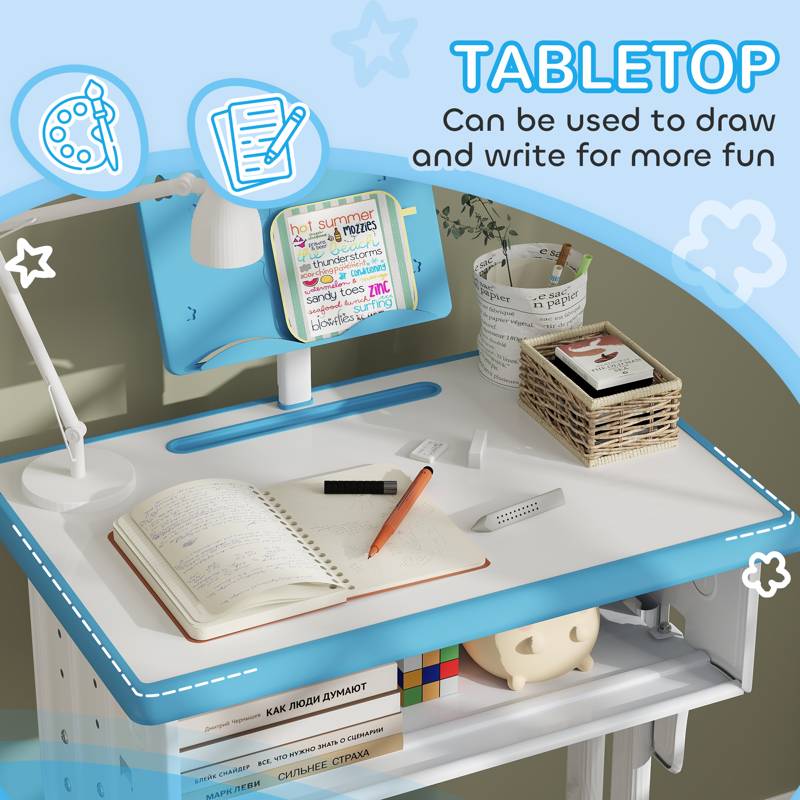 HOMCOM Kids Adjustable Desk and Chair Set, Book Stand, Pen Slot - Blue