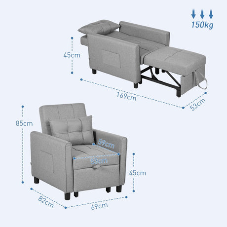 HOMCOM 3-In-1 Convertible Chair Bed, Pull Out Sleeper Chair with Adjustable Backrest, Side Pockets, Light Grey