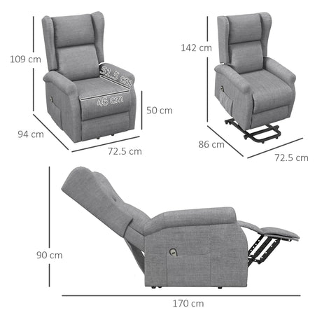HOMCOM Power Lift Recliner Armchair, Electric Lift Chair for Elderly, Fabric Riser and Reclining Chair with Wingback, Remote Control, Side Pockets, Footrest, for Living Room, Grey