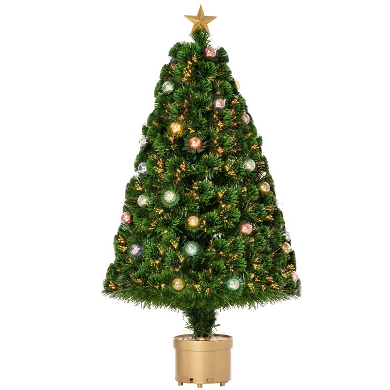 HOMCOM 4FT Prelit Artificial Christmas Tree with Fibre Optics, Baubles Decoration, Golden Pot for Holiday, Home - Green