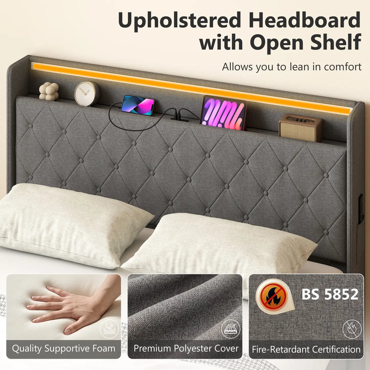 HOMCOM 5ft King Bed Frame with Headboard, Platform Bed Frame with Hydraulic Storage, LED Lights and Charging Station, Grey