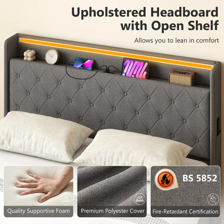 HOMCOM 5ft King Bed Frame with Headboard, Platform Bed Frame with Hydraulic Storage, LED Lights and Charging Station, Grey