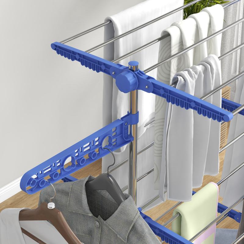 HOMCOM Three-Shelf Collapsing Clothes Horse, With Side Arms and Wheels - Blue