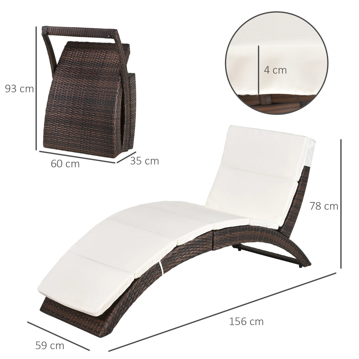 Outsunny Outdoor Foldable PE Rattan Sun Lounger with Soft Padded Cushion, Ergonomic Curved Design Sun Bed for Garden, Balcony, Garden, Brown