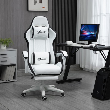 Vinsetto Computer Gaming Chair, PU Leather Desk Chair with Footrest, Swivel Task Chair with 135° Reclining Back and Lumbar Support, PC Chair for Adults, White and Black