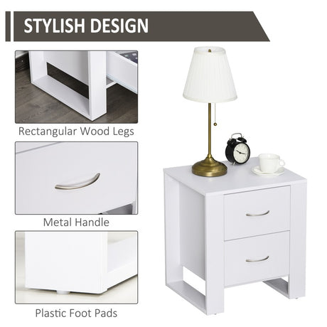 HOMCOM Bedside Table with 2 Drawers, Nightstand with Handles and Elevated Base, Side Table for Bedroom, Living Room, White