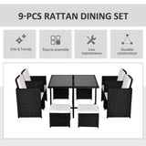 Outsunny 9 Piece Rattan Cube Garden Furniture Dining Set with Armchairs, Footstools and Glass-Top Table, Black