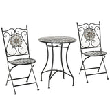 Outsunny 3 Pcs Mosaic Tile Garden Bistro Set Outdoor Seating w/ Table 2 Folding Chairs Set Metal Frame Elegant Scrolling Indoor Patio Balcony