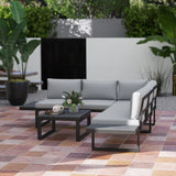 Outsunny 4 Pieces Garden Furniture Set, 5-Level Reclining Garden Corner Sofa Set, Outdoor Lounge Conversation Sectional with Cushions, Wood Effect Plastic Table, Black Frame & Light Grey Cushion