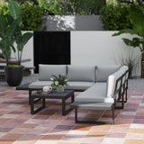 Outsunny 4 Pieces Garden Furniture Set, 5-Level Reclining Garden Corner Sofa Set, Outdoor Lounge Conversation Sectional with Cushions, Wood Effect Plastic Table, Black Frame & Light Grey Cushion