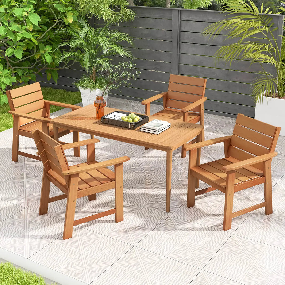 2 Piece Patio Hardwood Chair with Slatted Seat and Inclined Backrest