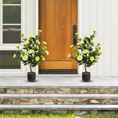 38 Inch Artificial Camellia Tree Faux Flower Plant in Cement Pot 2 Pack-Yellow