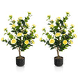 38 Inch Artificial Camellia Tree Faux Flower Plant in Cement Pot 2 Pack-Yellow