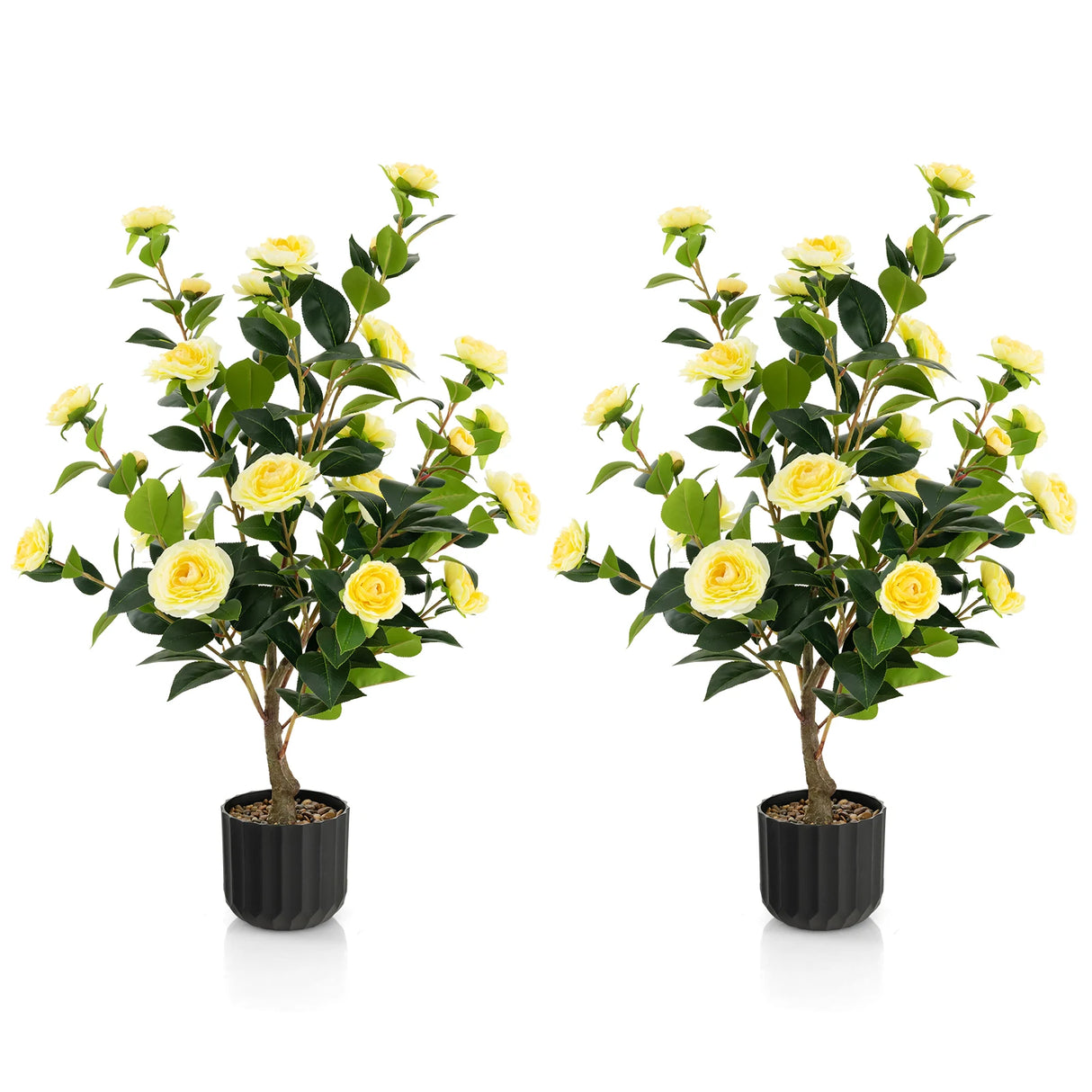 38 Inch Artificial Camellia Tree Faux Flower Plant in Cement Pot 2 Pack-Yellow
