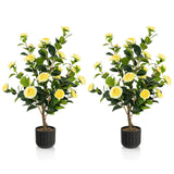 38 Inch Artificial Camellia Tree Faux Flower Plant in Cement Pot 2 Pack-Yellow
