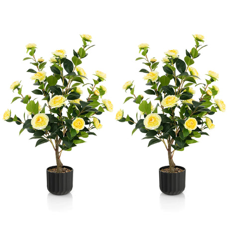 38 Inch Artificial Camellia Tree Faux Flower Plant in Cement Pot 2 Pack-Yellow