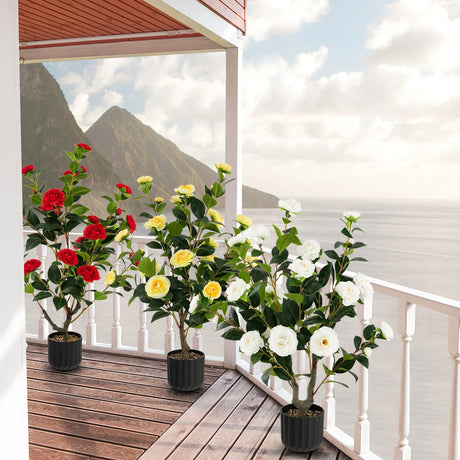 38 Inch Artificial Camellia Tree Faux Flower Plant in Cement Pot 2 Pack-Yellow