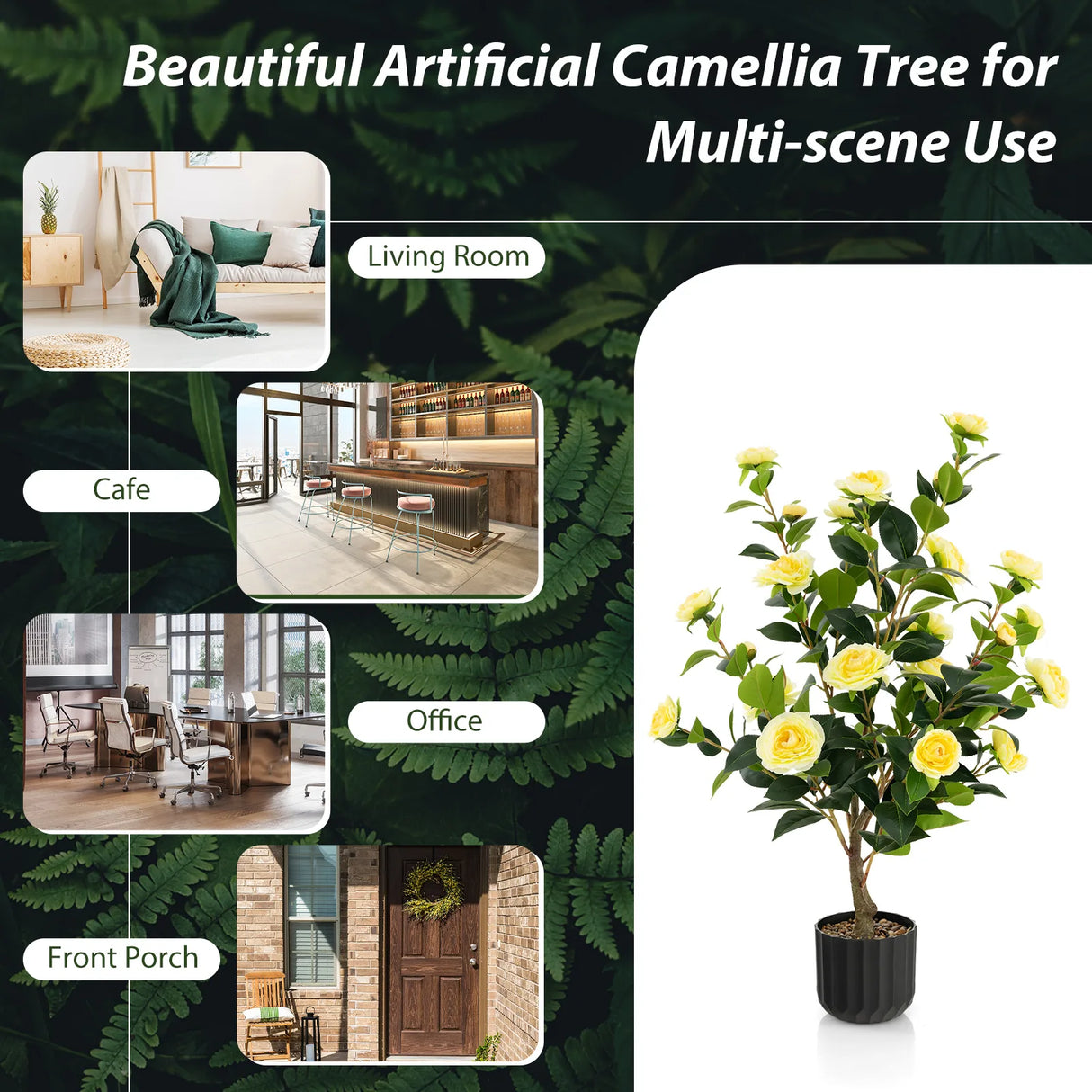 38 Inch Artificial Camellia Tree Faux Flower Plant in Cement Pot 2 Pack-Yellow