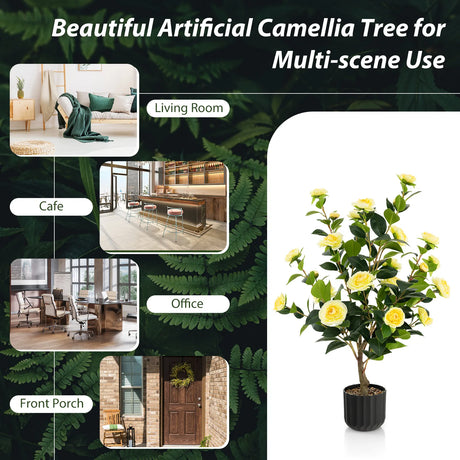 38 Inch Artificial Camellia Tree Faux Flower Plant in Cement Pot 2 Pack-Yellow