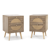 2Pcs Bohemian Style Rattan Nightstand with 2 Drawers-Natural