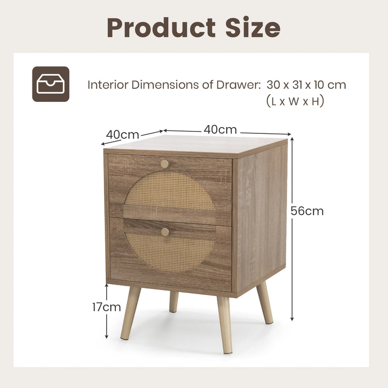 2Pcs Bohemian Style Rattan Nightstand with 2 Drawers-Natural