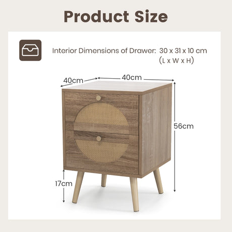2Pcs Bohemian Style Rattan Nightstand with 2 Drawers-Natural
