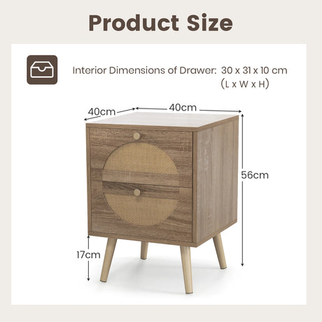 2Pcs Bohemian Style Rattan Nightstand with 2 Drawers-Natural