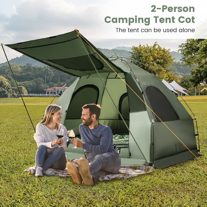 2-Person Camping Tent Cot Folding Camping Bed with Sleeping Bag