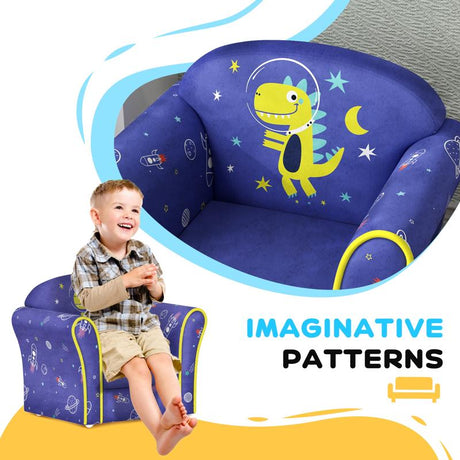 AIYAPLAY Kids Armchair with Planet Dinosaurs Design, Wooden Frame, for Bedroom, Playroom, Kids Room, Blue