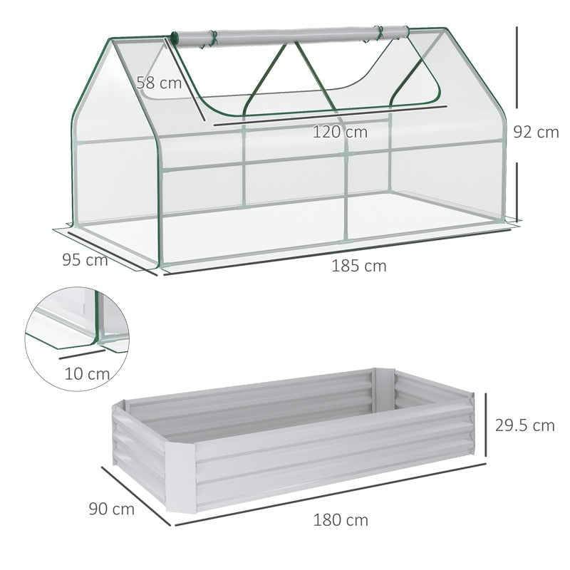 Outsunny Raised Garden Bed with Greenhouse, Steel Planter Box with Plastic Cover, Roll Up Window, Dual Use for Flowers, Vegetables, Fruits and Herbs, 185L x 95W x 92H cm, Clear