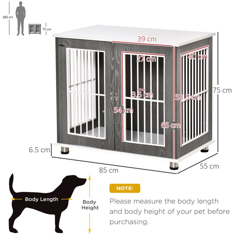 PawHut Dog Crate Wooden Pet Kennel Cage End Table w/ Lockable Door for Small Medium Dog Grey & White 85 x 55 x 75 cm