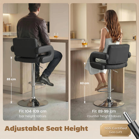 HOMCOM Bar Stools Adjustable Swivel Kitchen Chairs with Backrest Armrest Set of 2 PU Leather Black