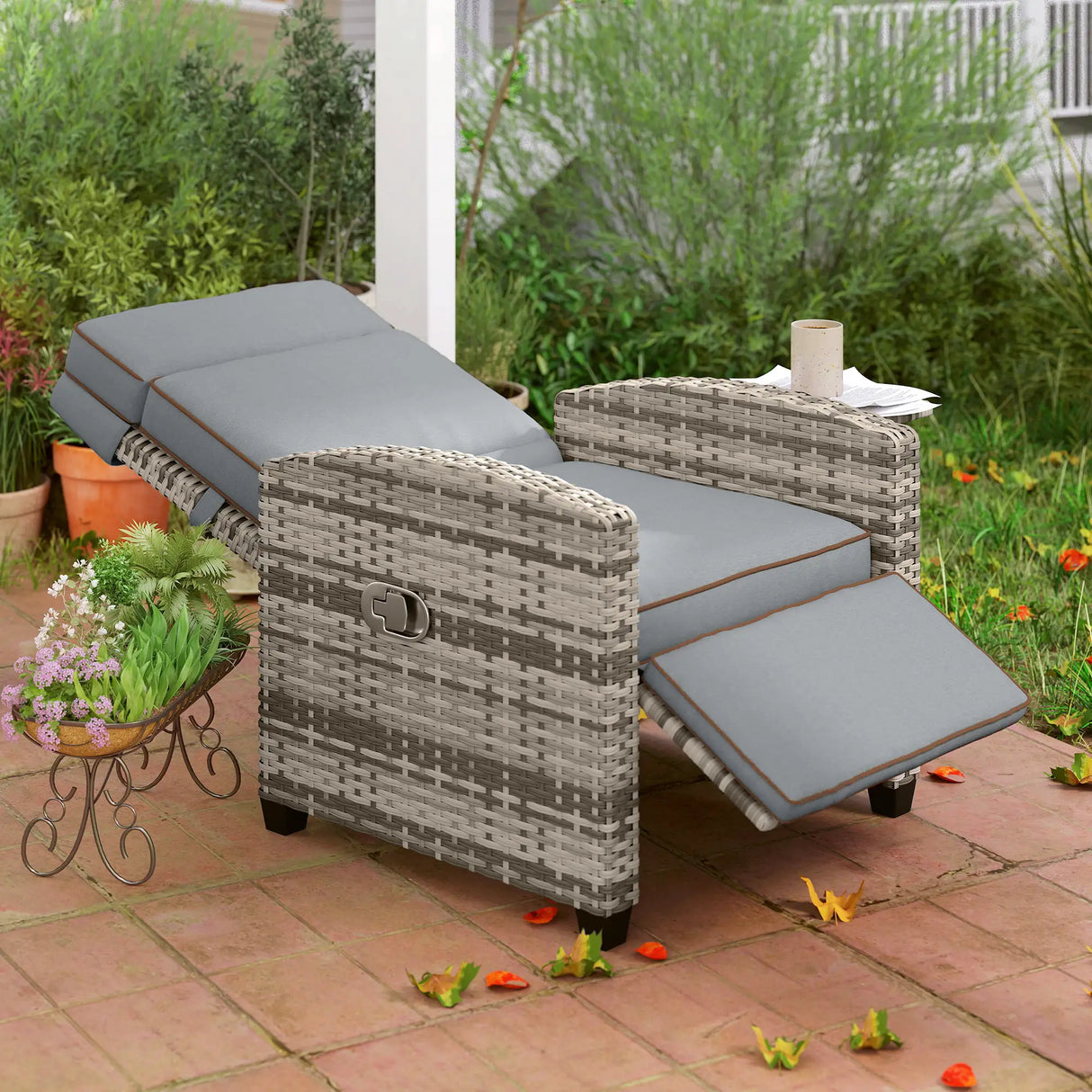Outsunny 145 Reclining Rattan Armchair, with Footrest - Mixed Grey/Grey