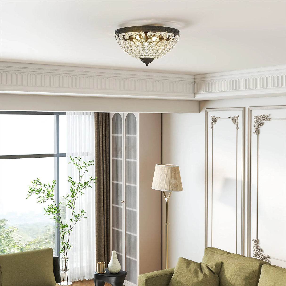 HOMCOM Crystal Chandelier Ceiling Light with 168 Octagonal Beads, Vintage 2-Light Flush Mount Ceiling Light for Living Room, Bedroom, Hallway, Dining Room, Black