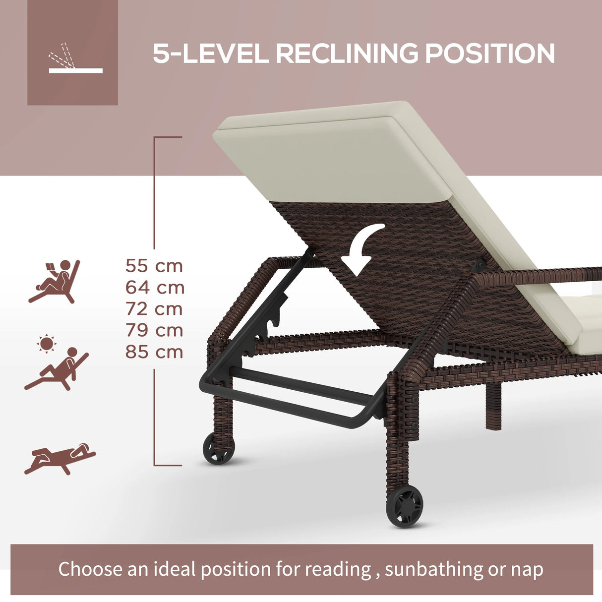 Outsunny Outdoor PE Rattan Sun Lounger Set of 2, Wicker Chaise Recliner Garden Chair with 5-Level Adjustable Backrest and 2 Wheels, Cream White