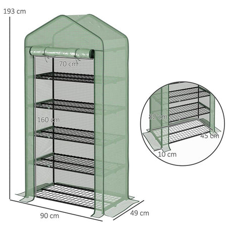 Outsunny 5 Tier Widened Mini Greenhouse with Reinforced PE Cover, Portable Indoor Outdoor Green House with Roll-up Door and Wire Shelves, 193H x 90W x 49Dcm, Green