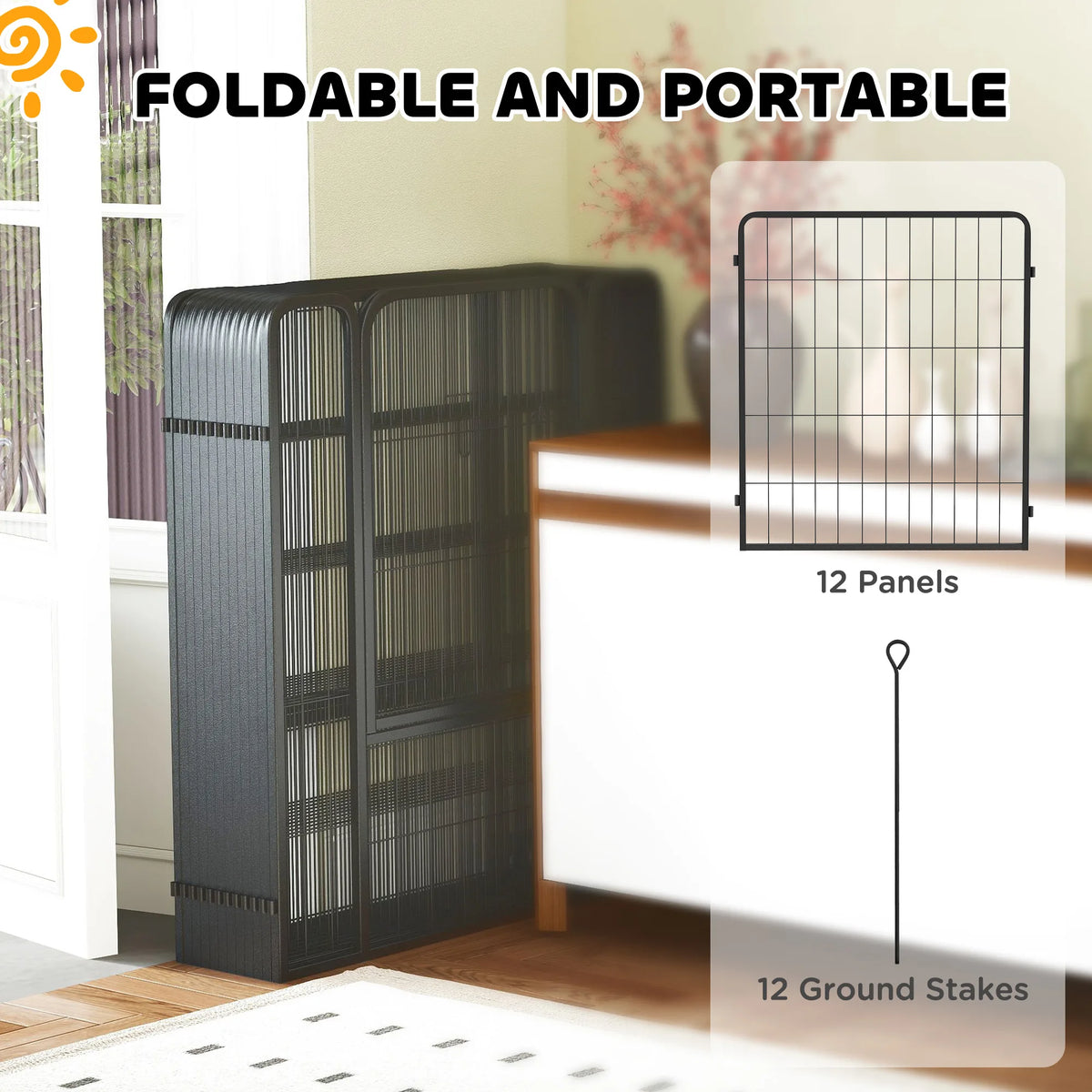 PawHut 12-Panel Solid Dog Playpen with Doors, for Medium Dogs, 80cm High, Black