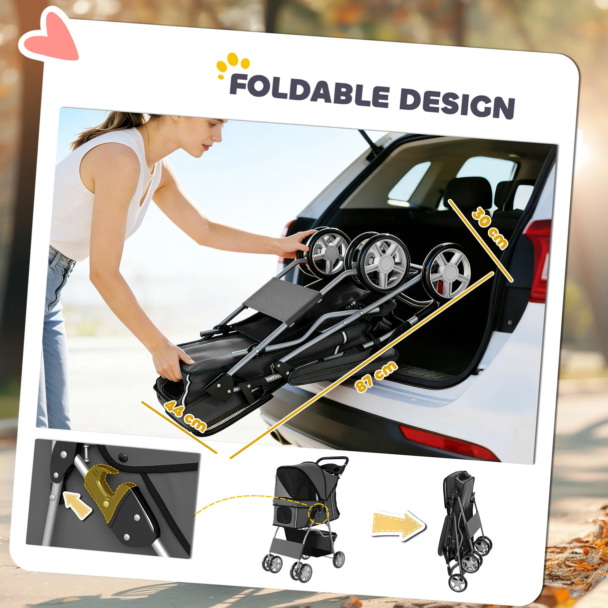 PawHut Dog Pram, Pet Stroller with Reflective Strips, Foldable Cat Stroller with 360 Swivel Wheels, Dark Grey