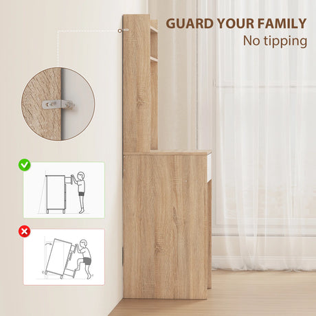 HOMCOM Small Vanity Desk with Mirror and LED Lights, Compact Dressing Table with Drop Leaf, Open Shelves, Natural Wood
