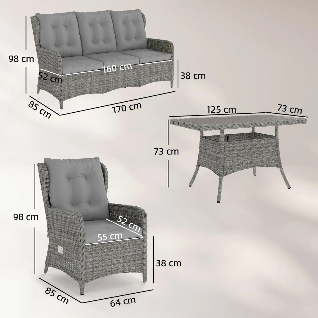 Outsunny 5 Seater Rattan Garden Furniture Set with Sofa, Reclining Chairs, Table, Patio Rattan Furniture Sofa Sets, Grey