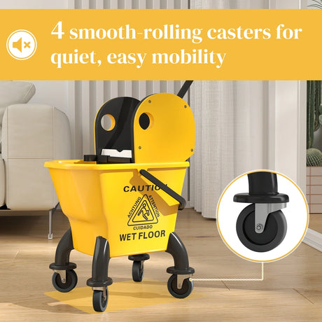 HOMCOM 26 Litre Mop Bucket, with Wringer and Mop - Yellow