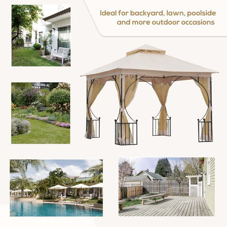 Outsunny 3 x 3(m) Garden Gazebo Patio Party Tent Shelter Outdoor Canopy Double Tier Sun Shade Metal Frame Netting Beige