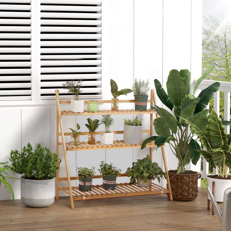 Outsunny 3-Tier Plant Stand, Plant Shelf Rack, Folding Bamboo Display Stand, 98x37x96.5cm, Natural