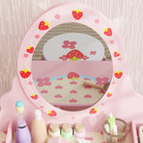 AIYAPLAY Kids Dressing Table Set, Vanity Table with Stool, Mirror, Drawer, Desktop, Storage, Strawberry-Theme, Pink