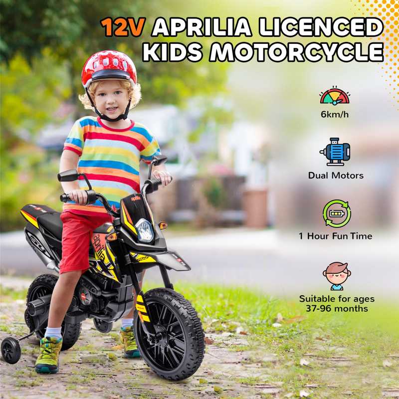 AIYAPLAY 12V Aprilia Licenced Kids Motorbike with Training Wheels, Spring Suspension, LED Light, USB, Music, Yellow