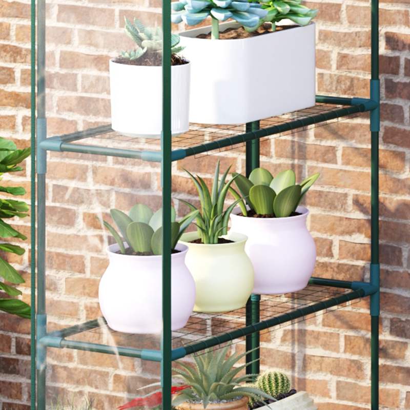 Outsunny Walk in Greenhouse with 4-Tier 8 Shelves, Green House with Hemmed Cover, Roll-up Zipped Door, Steel Frame, 143 x 73 x 195cm