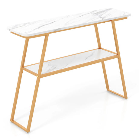 Console Table with Open Shelf Gold Metal Frame Living Room Hallway-White