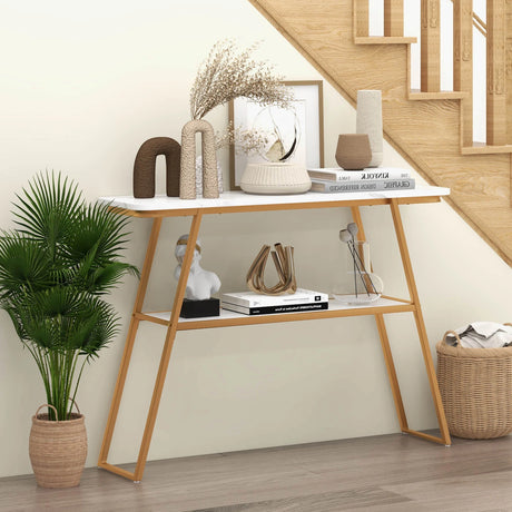 Console Table with Open Shelf Gold Metal Frame Living Room Hallway-White