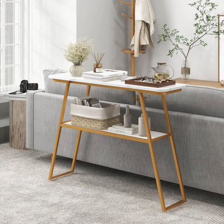 Console Table with Open Shelf Gold Metal Frame Living Room Hallway-White