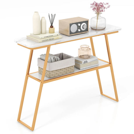 Console Table with Open Shelf Gold Metal Frame Living Room Hallway-White